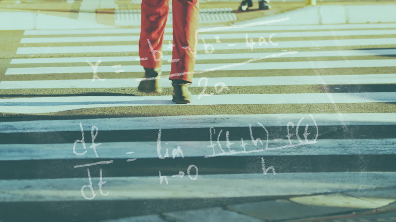 Walking across crosswalk, people with mathematical equations overlay in animation