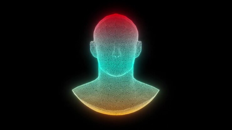 Rotating Human Head Made of Glowing Digital Particles