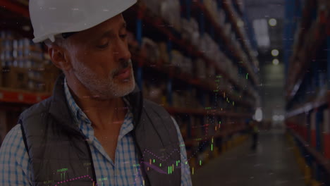 animation of data processing and world map over man in warehouse