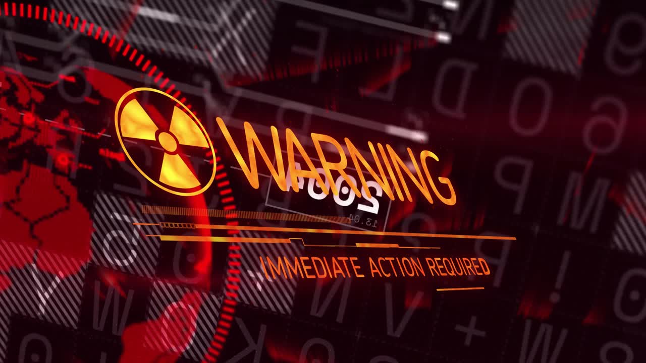 Radiation icon emerging rotating 2005 block expanding WARNING text pulsing globe indicating urgency