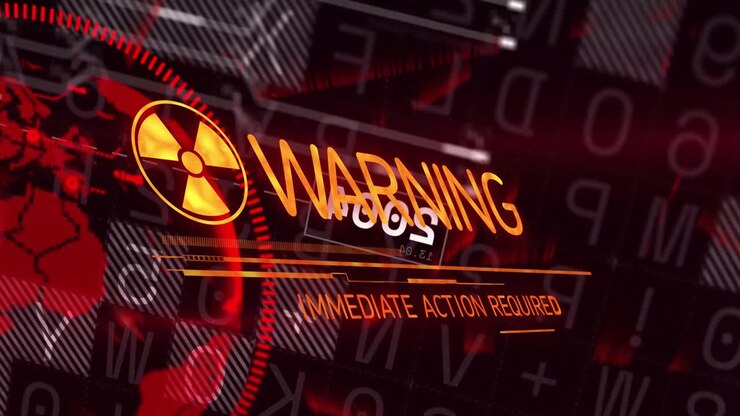 Radiation icon emerging rotating 2005 block expanding WARNING text pulsing globe indicating urgency