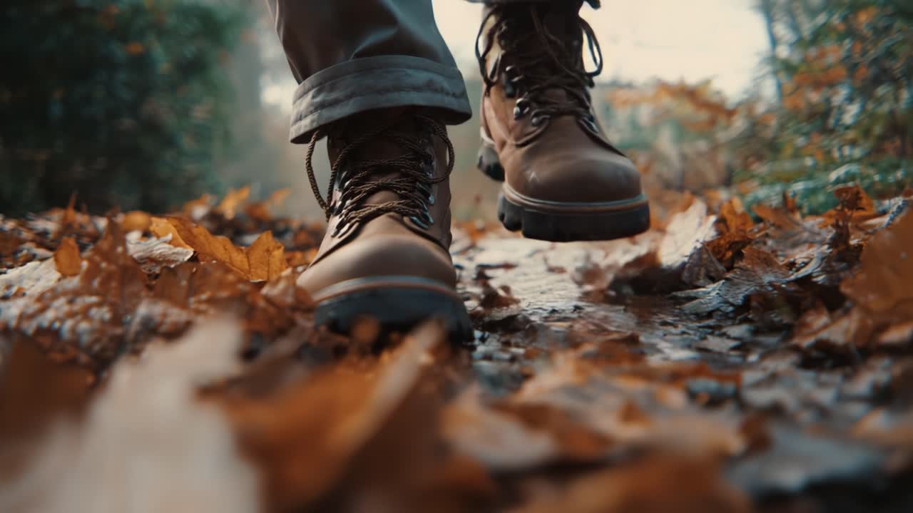 A Close-Up View of Outdoor Hiking Boots Progressing Along a Leaf-Covered Trail, Emphasizing the Beauty of Nature in Autumn's Embrace with Vibrant Colors and Textures
