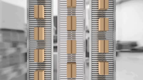 animation of cardboard boxes moving on conveyor belts over warehouse