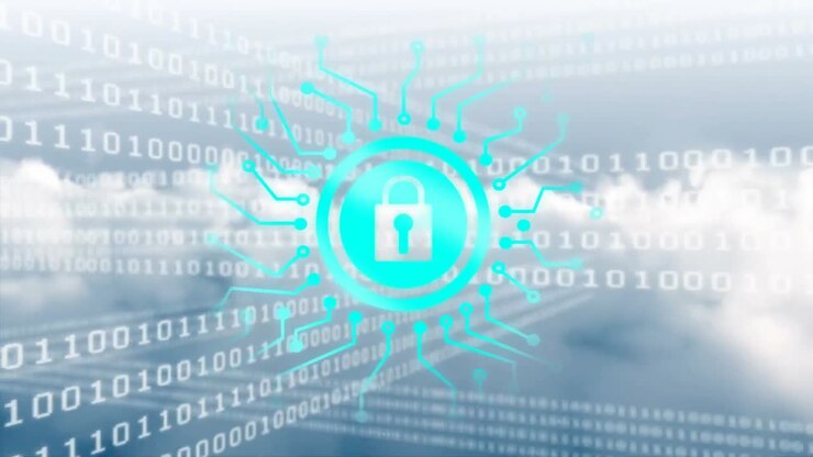 Animation of binary code, network of connections with online security padlock over cloud background