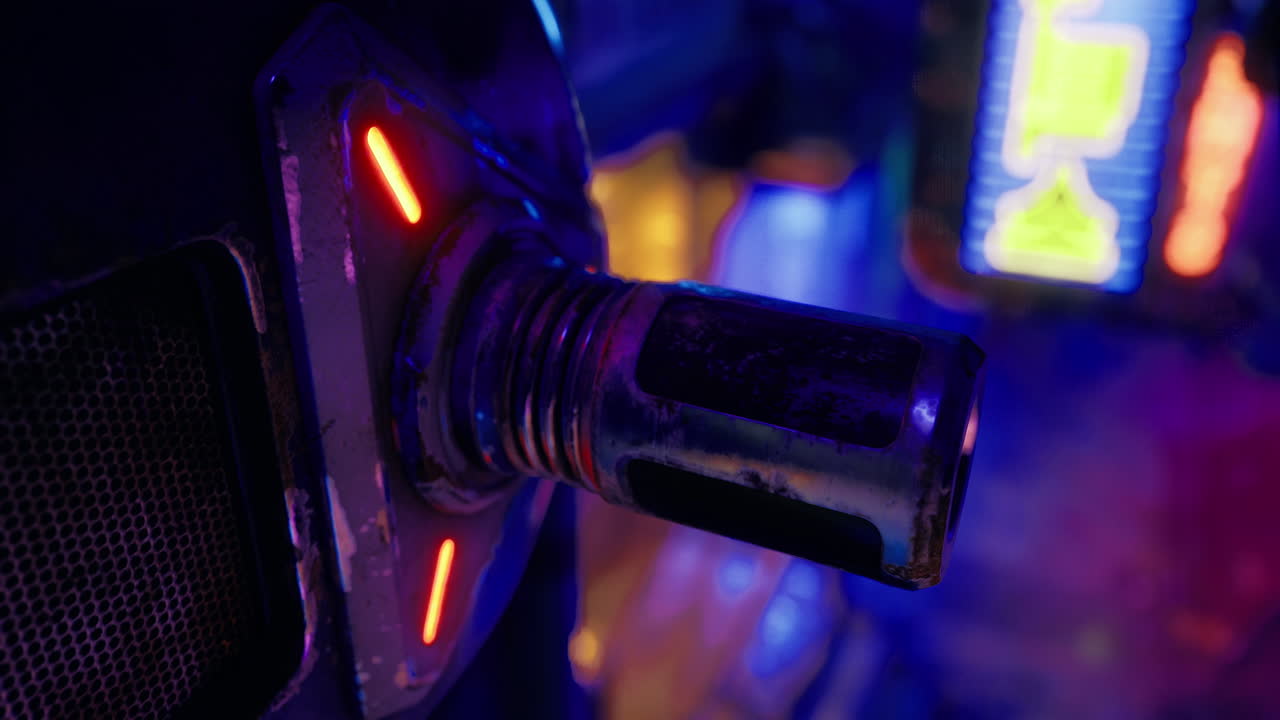 Futuristic close up of a metallic device with neon lights in a vibrant setting