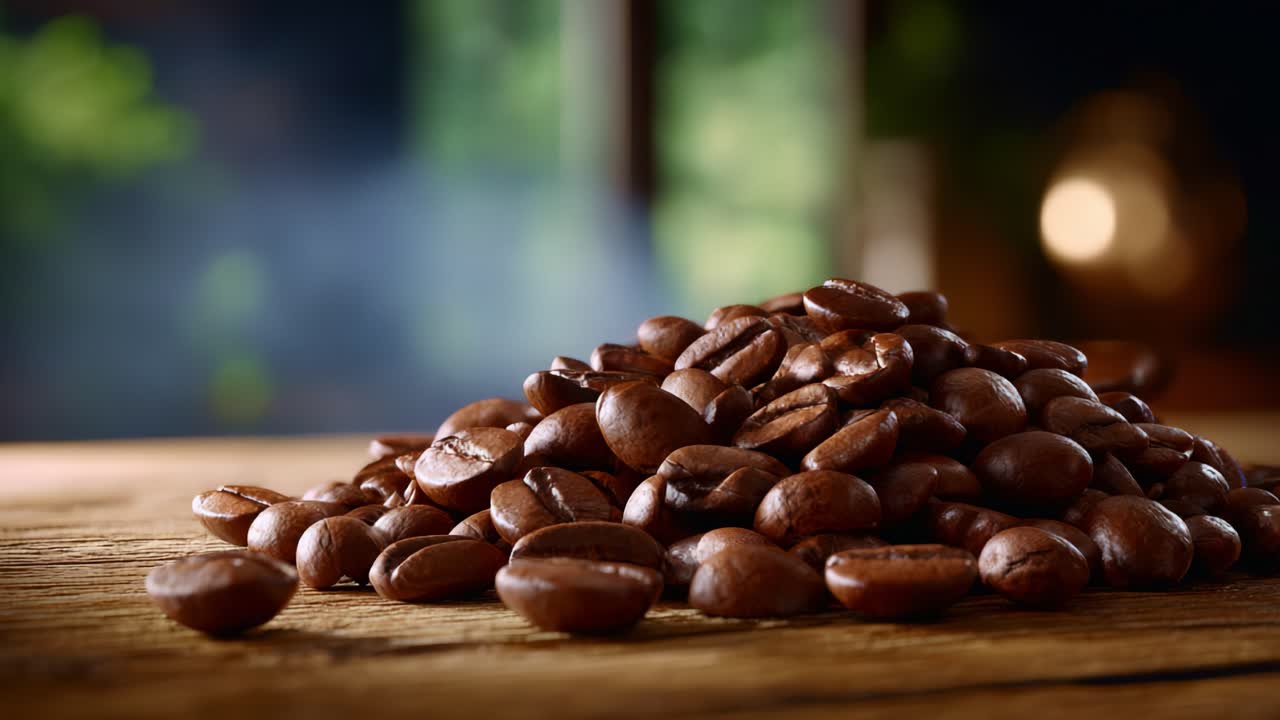 Chicchi di caffè aromatico impilati su una superficie in legno, che mostrano il loro colore e la loro consistenza ricchi in una calda illuminazione naturale per amanti ed esperti di caffè