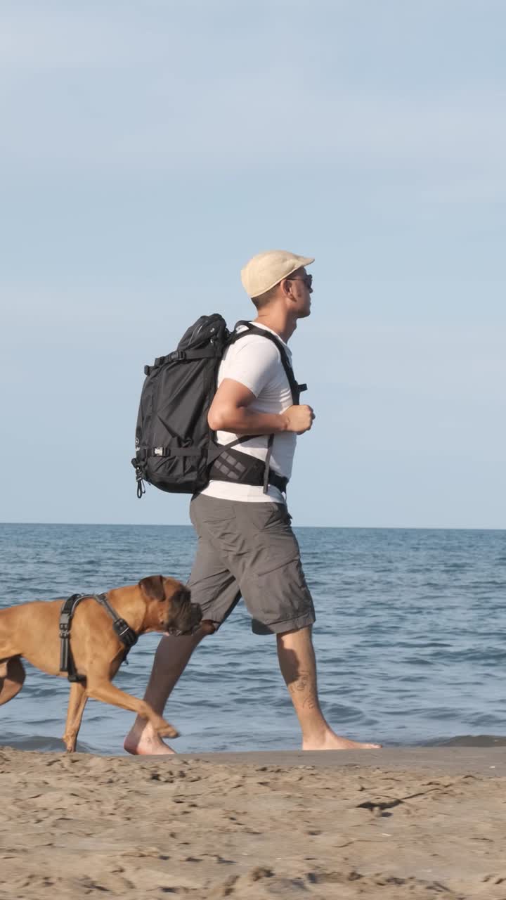 hombre viajando con su perro boxeador caminando por la playa. cámara lenta