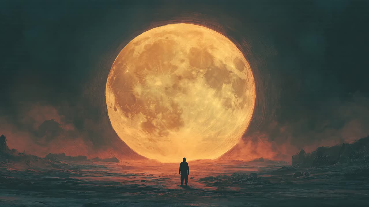 Man Walks Towards a Giant Moon in a Desert Landscape