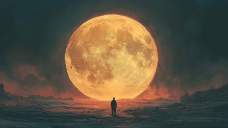 man walks towards a giant moon in a desert landscape