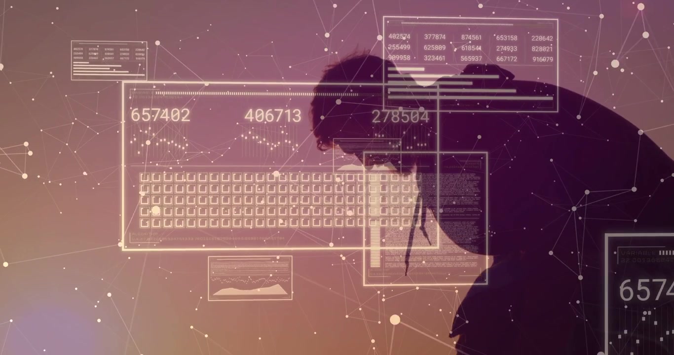 Vertical video: Tech man leaning and looking, initiating floating UI panels and analyzing metrics