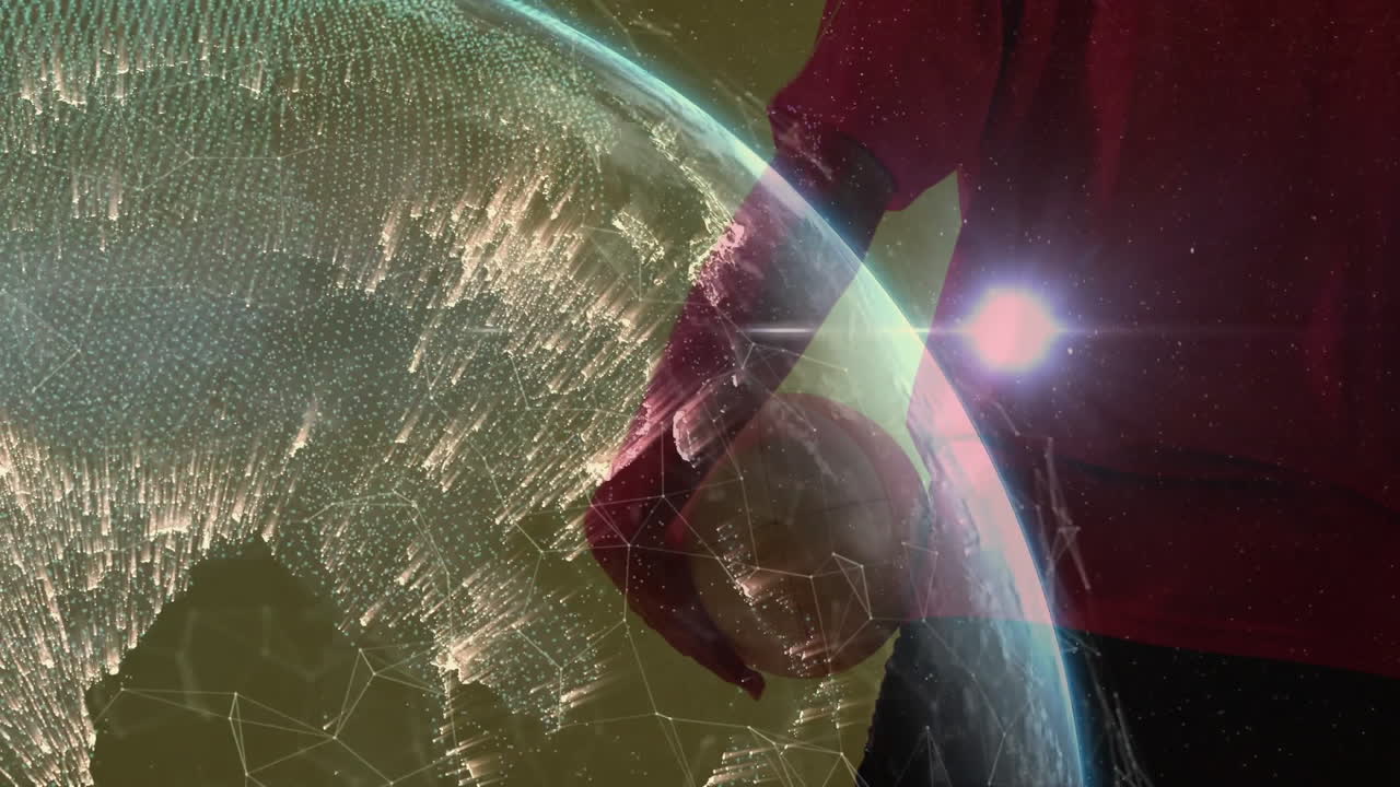 Interacting with digital globe, person exploring network connections and animation data