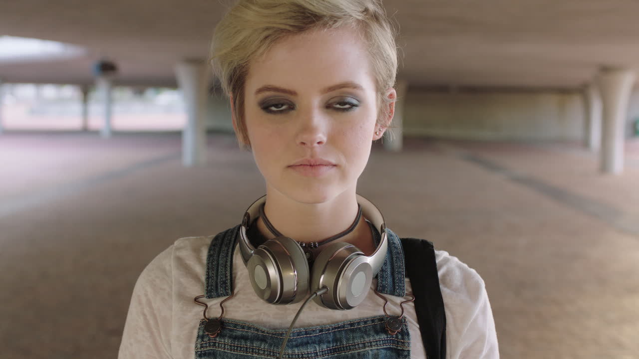 아름다운 젊은 트렌디한 여성 학생 클로즈업 초상화 심각한 표정없는 카메라를보고