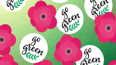 animation of multiple falling go green text and logos, and red flower heads on green background