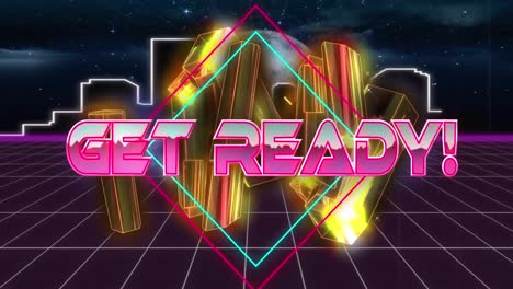 Digital-animation-of-get-ready-text-over-neon-banner-against-golden-crystals-and-cityscape