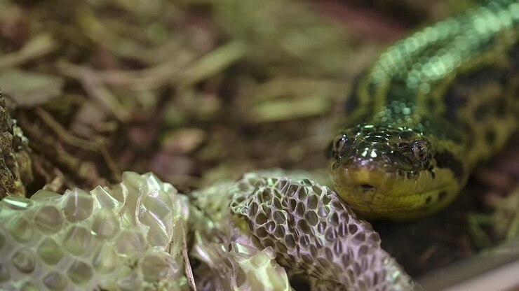 gele anaconda naast zijn huid die flitst met zijn tong.