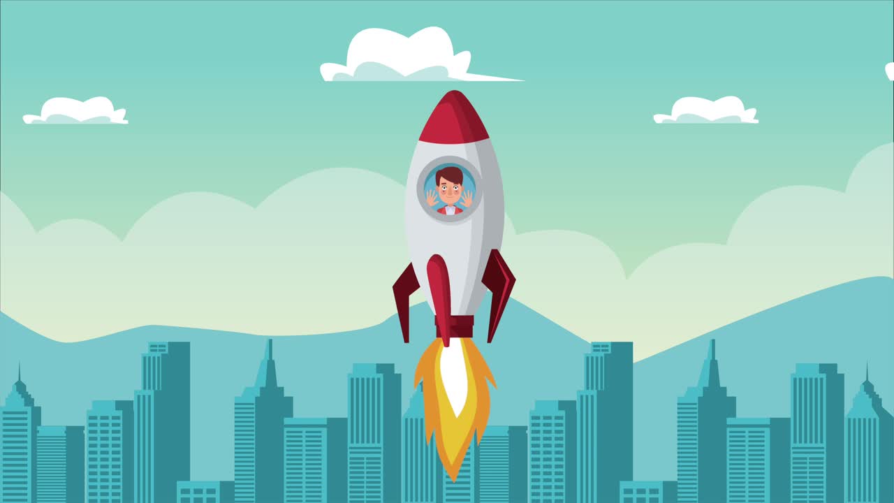 elegante hombre de negocios exitoso dentro del cohete en la ciudad