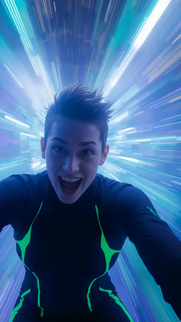 Vertical video: Leaning woman in neon green suit reaching to camera in tunnel, light cue shifting