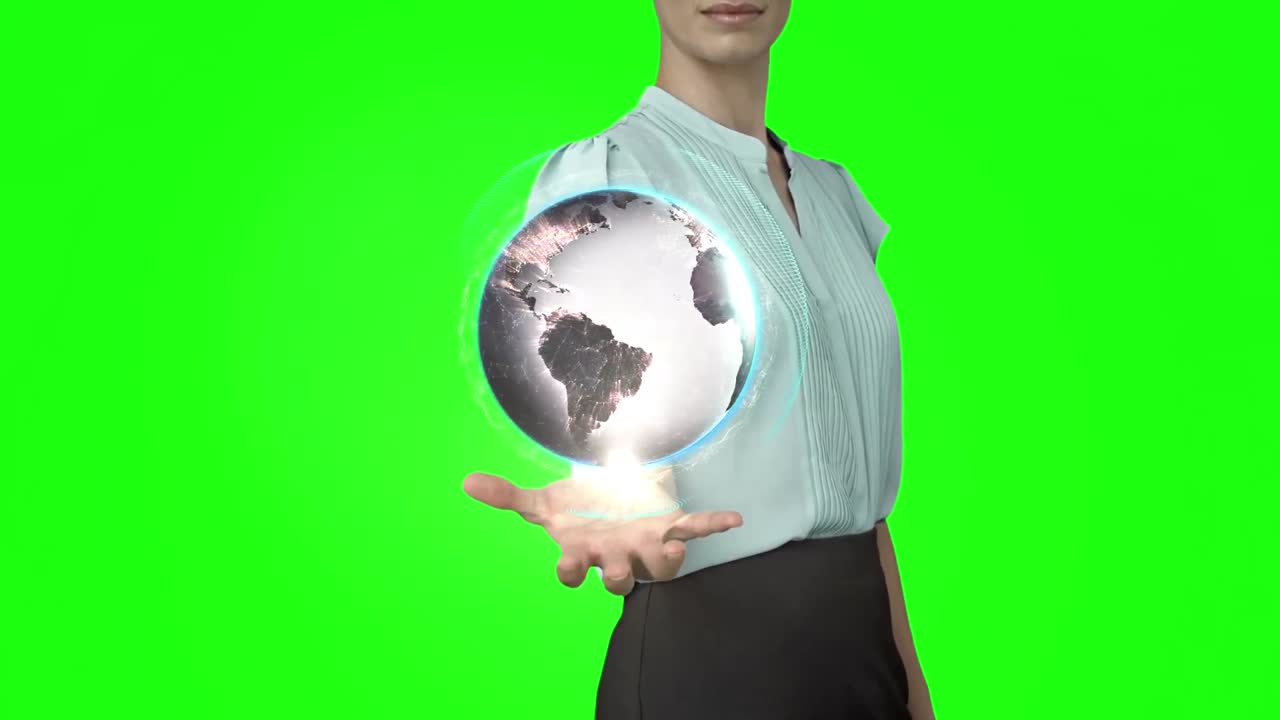 mujer de negocios con animación de globo en frente de la pantalla verde