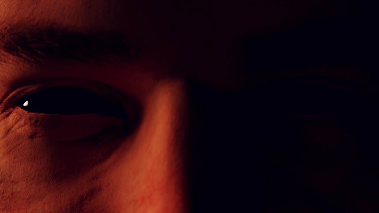 mirada amenazante aterradora de un hombre con ojos negros vacíos de primer plano. concepto de horror. animación facial de carácter de bucle sin costuras con iluminación cinematográfica. render 3d