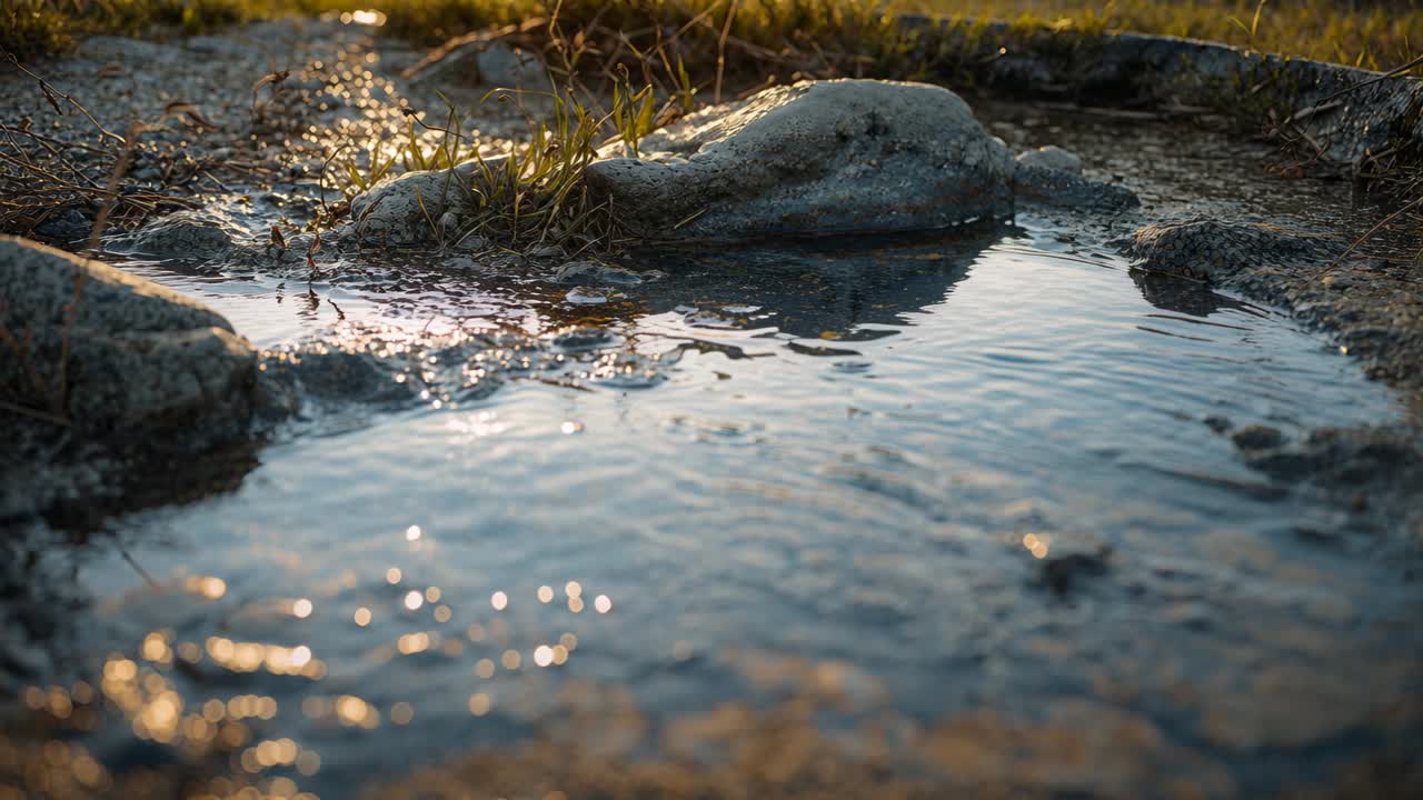 Showing shallow rock pool rippling on rock ledge as camera pulling back, revealing rocks and grass