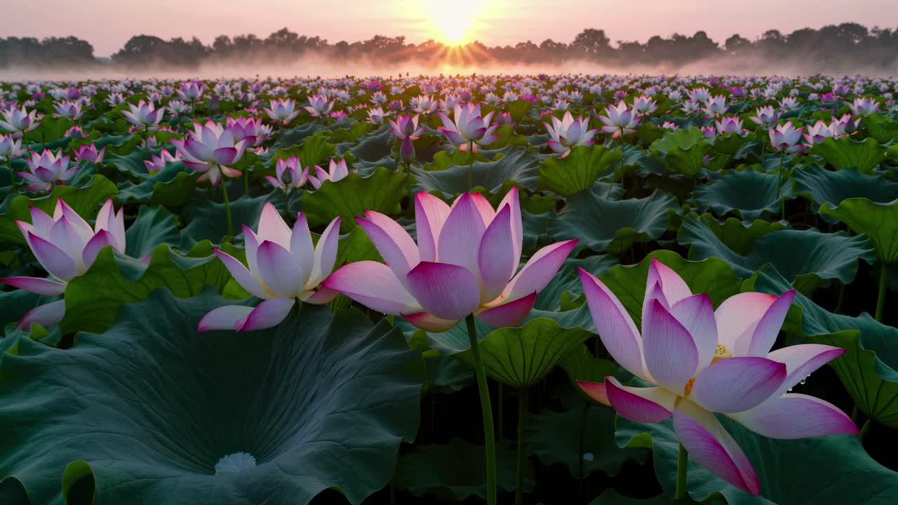A serene video captures a field of blooming lotus flowers at sunrise, shot from a low angle