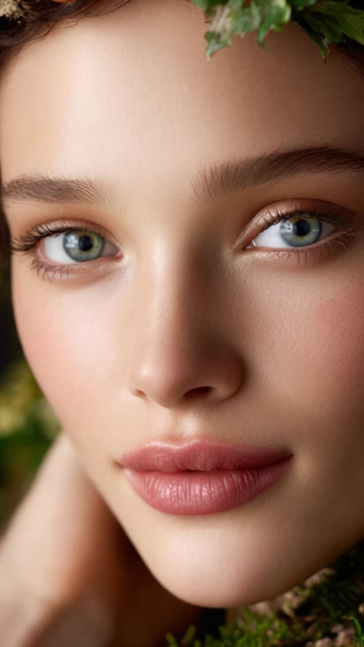 Captivating Close-Up of a Young Woman's Natural Beauty with Lush Greenery and Soft Features, Highlighting Radiant Skin and Expressive Eyes