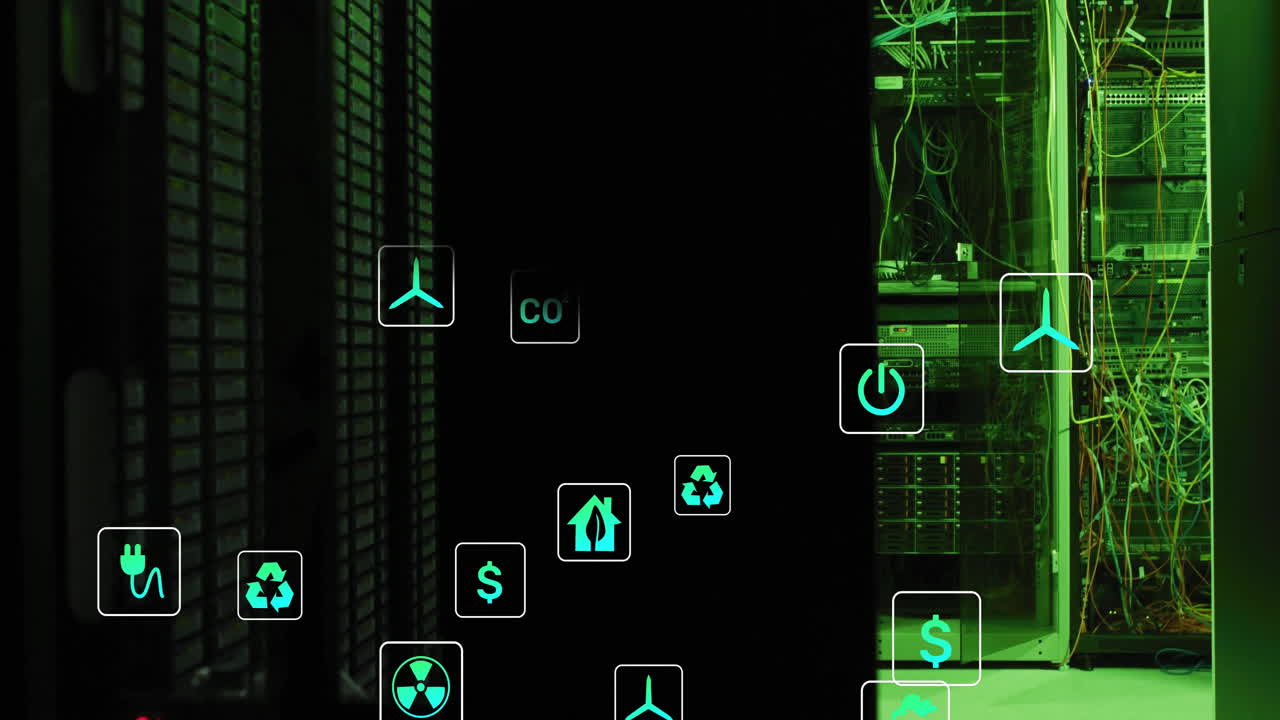 Animation of ecology icons over server room
