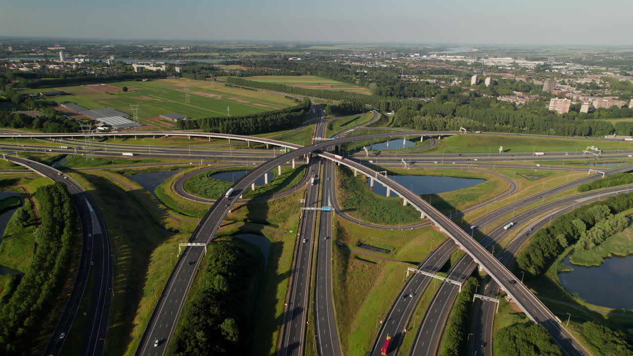 Aerial View of Cars Driving Through The Knooppunt Ridderkerk - Junction Ridderkerk In Rotterdam, Netherlands.