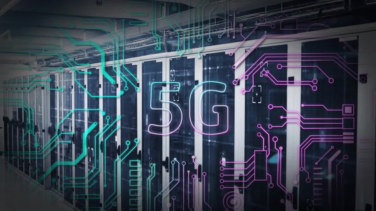 Animation of 5g text and digital data processing over computer servers