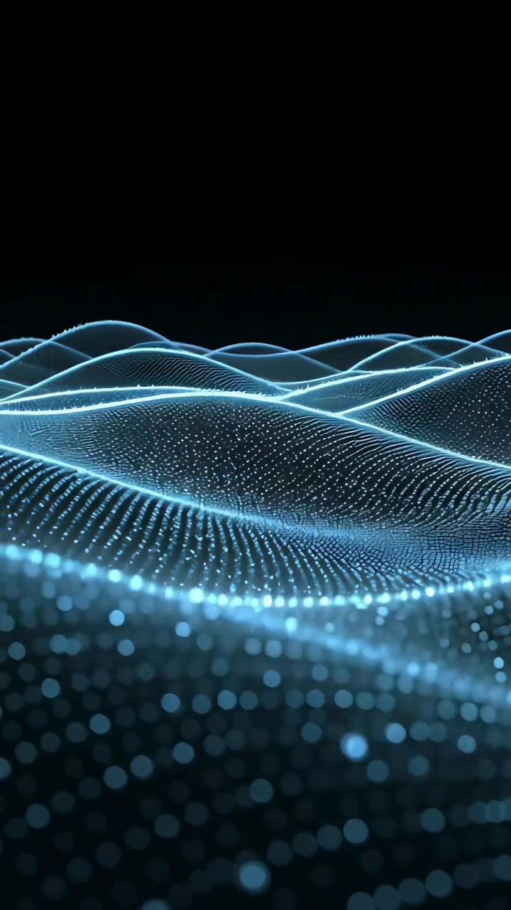 Vertical video: Starting glowing dot mesh forming soft rolling waves in dark void, neon wave lines