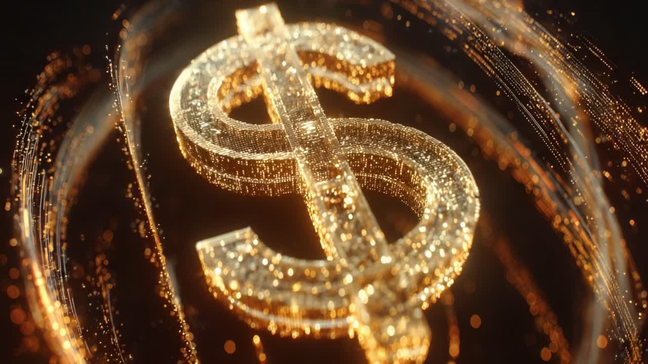 Luminous golden dollar symbol shimmering with brilliant particles and light trails against a dark background, representing wealth, financial success, digital currency, and economic prosperity