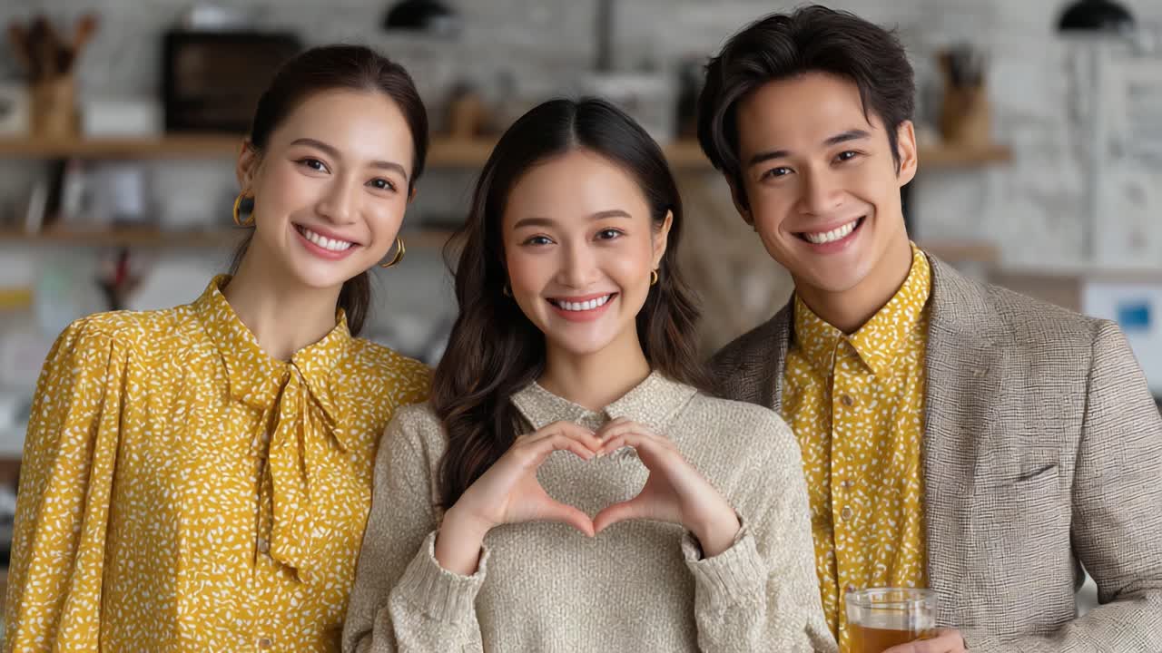 Three Friends Celebrating Joyous Moments with Heart Gesture in a Cozy Cafe Setting, Radiating Happiness and Connection in Their Stylish Outfits