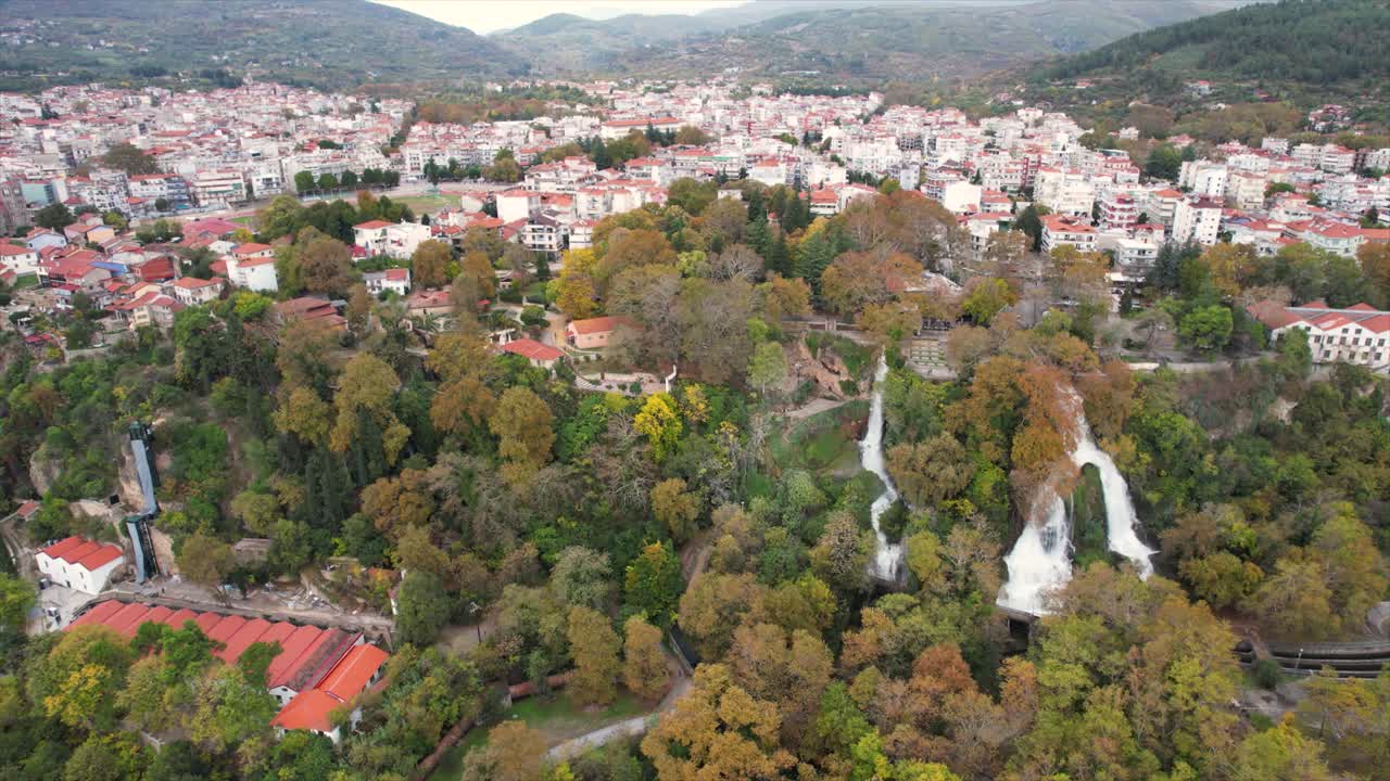 Aerial Panoramic View of Edessa City in Pella Greece, Urban Nature and Waterfall Touristic Landmark in Greece Countryside
