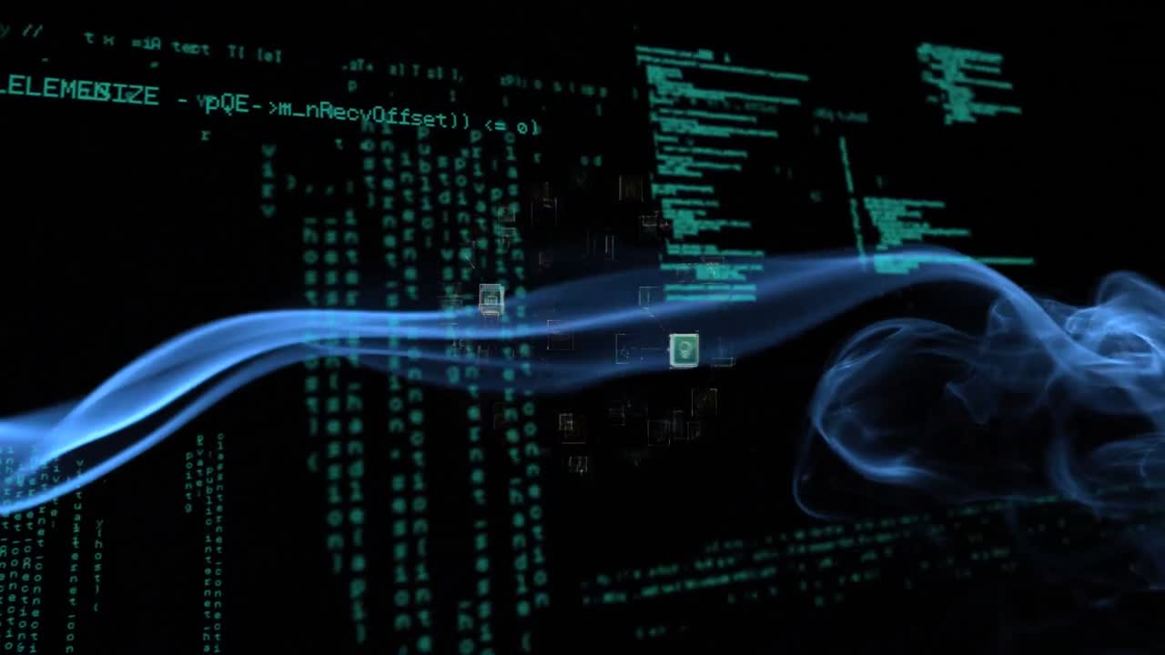 Animation of neon waves over data processing on black background