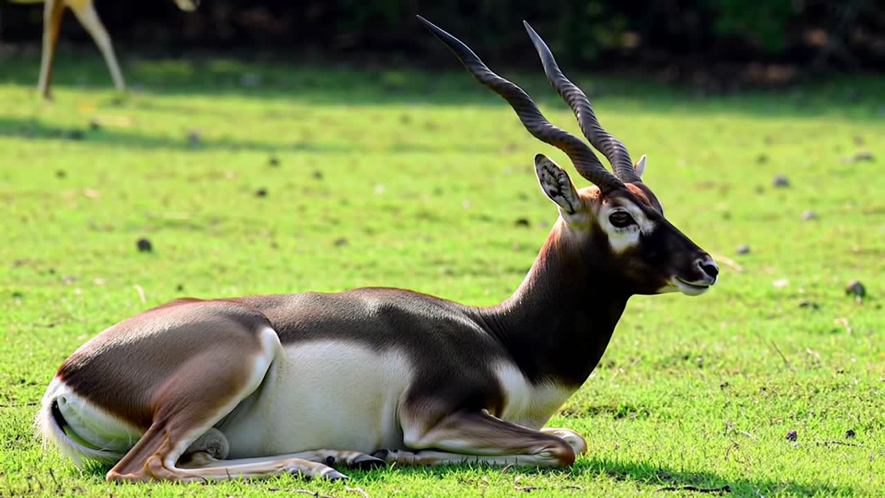 Majestic Blackbuck Antelope with Long Spiral Horns Resting on Green Grass