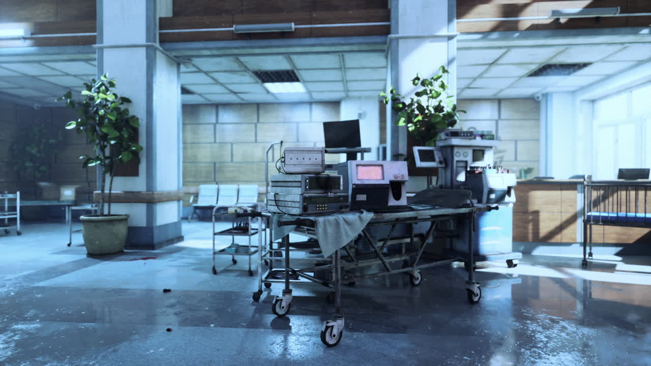Abandoned hospital interior with equipment left in disarray and overgrowth