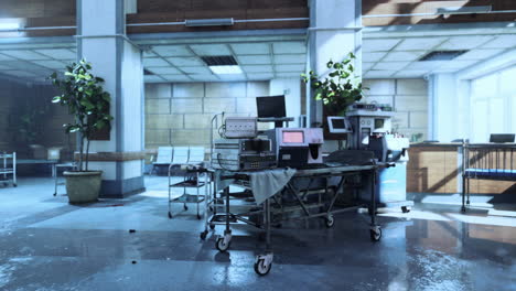 abandoned hospital interior with equipment left in disarray and overgrowth