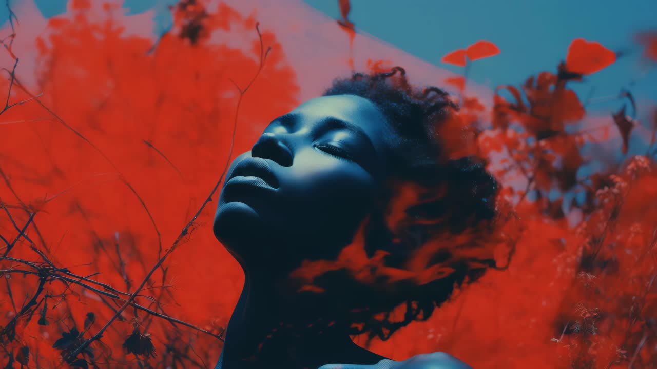 Vivid, surreal portrait video with a low-angle shot. The subject is surrounded by red foliage