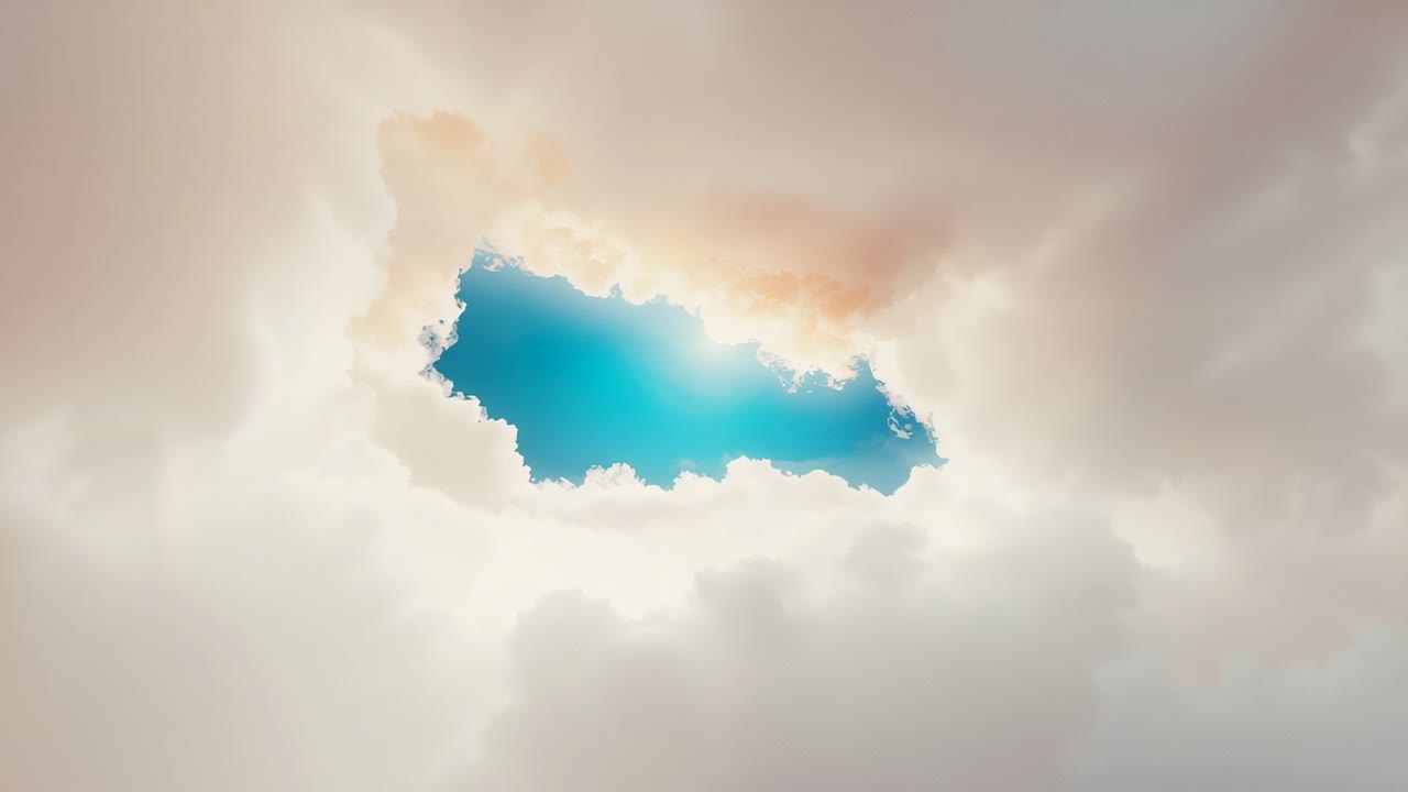 Expanding cloud opening revealing blue sky above, sunlight rising and warming near cloud edges