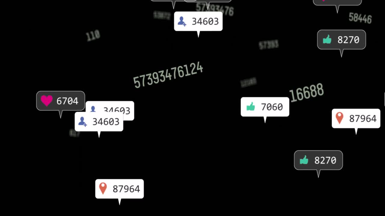 Animation of social media icons, numbers and text moving on black background