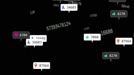 Animación-De-íconos-De-Redes-Sociales,-Números-Y-Texto-Que-Se-Mueven-Sobre-Fondo-Negro