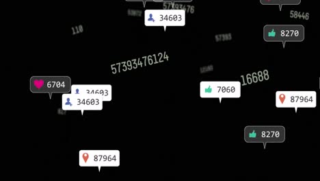 animación de iconos de redes sociales, números y texto que se mueven sobre un fondo negro