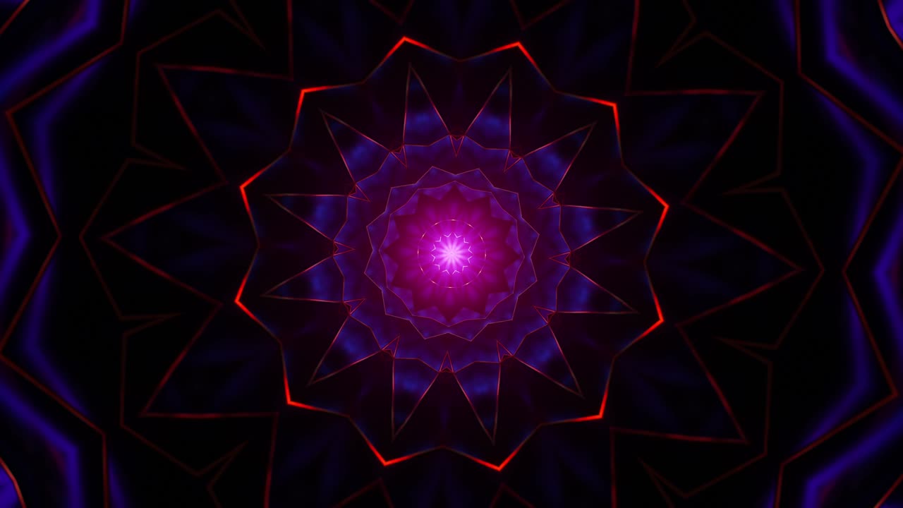 flor azul y púrpura con el centro azul rodeado de pétalos azules y rojos más pequeños. caleidoscopio vj bucle