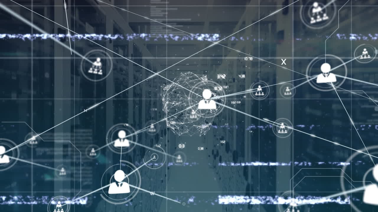 Animation of network of connections with icons over computer servers