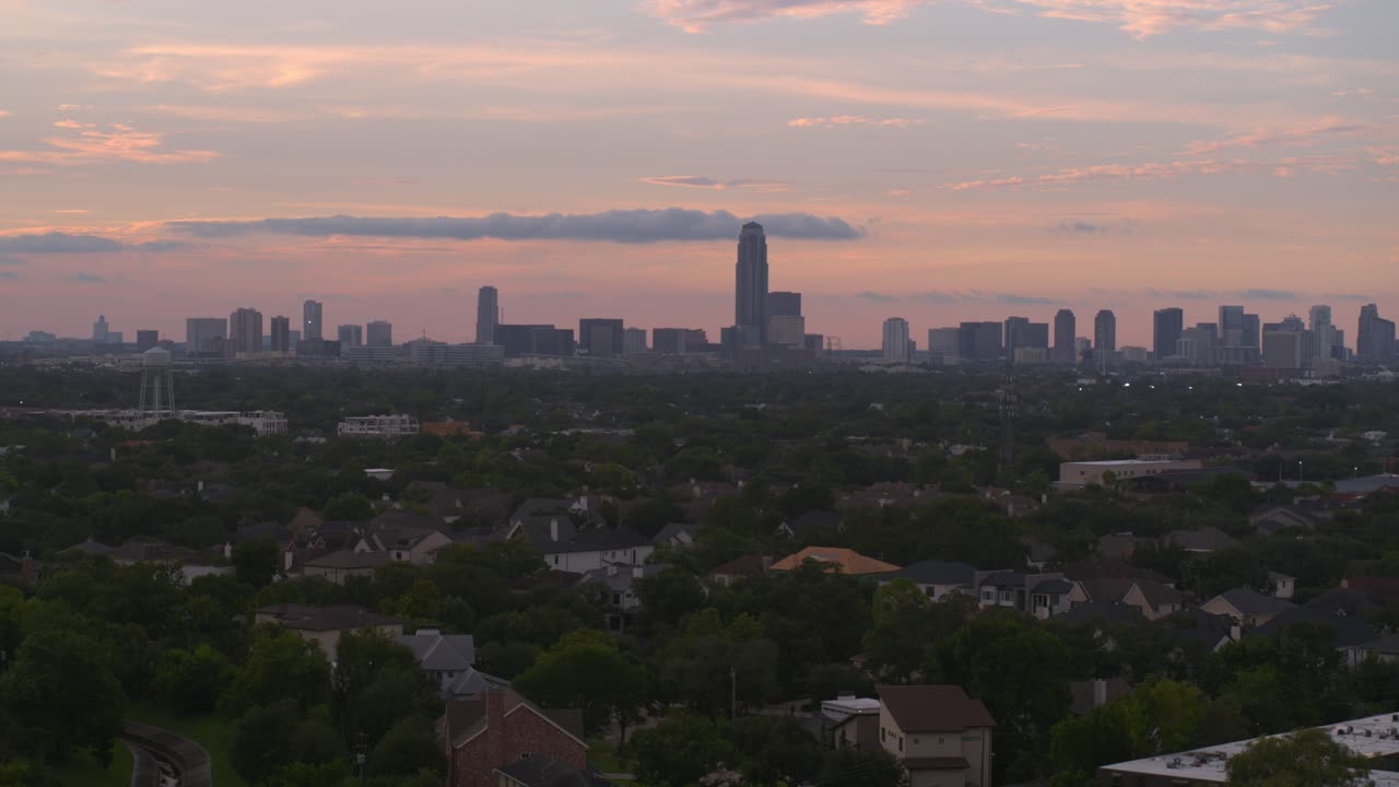 Aerial view of the Galleria and surrounding area in Houston Uptown area at sunset