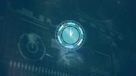 neon blue clock ticking against digital interface with data processing on blue background