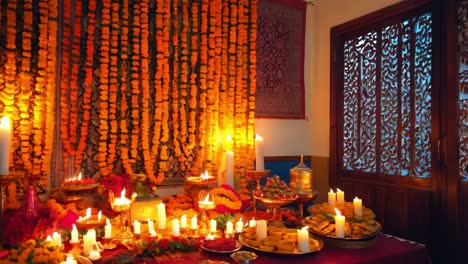 diwali celebration at home with candles and marigold garlands