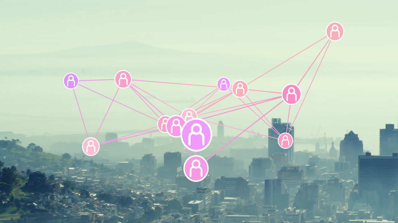 Digital communication concept with network of connected icons over cityscape animation