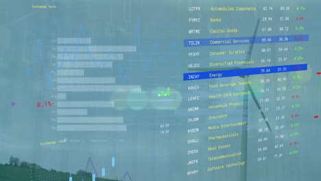 animación de la turbina eólica y procesamiento de datos financieros.