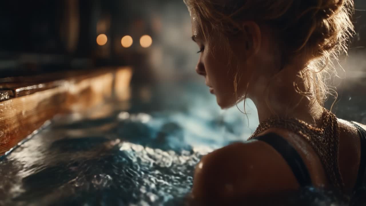 A Sensory Experience: A Serene Woman Immersed in Tranquil Waters, Surrounded by Soft Lighting and Lush Textures, Evoking a Deep Sense of Peace and Introspection